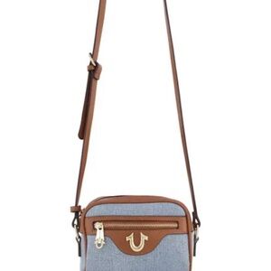 True Religion Compact Blue and Brown Crossbody Bag with Leather Accents